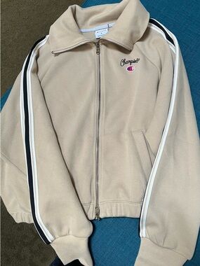 Champion Women Beige Zip Track Jacket with Black & White Sleeve Stripes